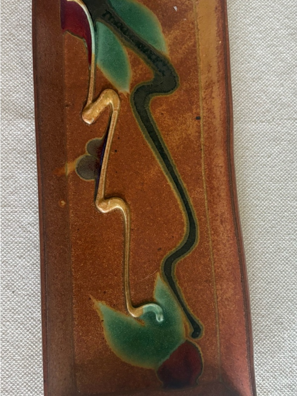1970s Peter Kaiser Brown Glazed Ceramic Tray with Green and Black Red Tones
